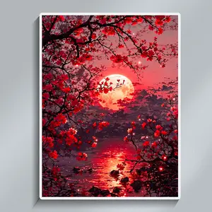 Water reflection red moon diamond painting set, suitable for adult beginners, DIY round diamond diamond art set, gemstone inlay art easy, home wall decoration 30x40cm/11.81x15.75inch Canvas