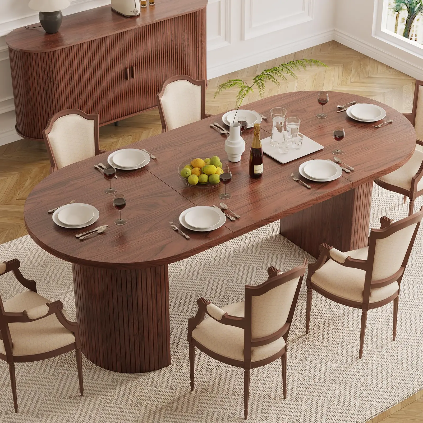 ONBRILL 70.8in Mid-Century Modern Oval Shape Dining Table for 4-6 Persons, Curved Fluted Wood Strip & Iron Pipe Legs, 60-Min Adjustable Panels, Footpads & Safe Latch Extend, Ideal for Family Meals
