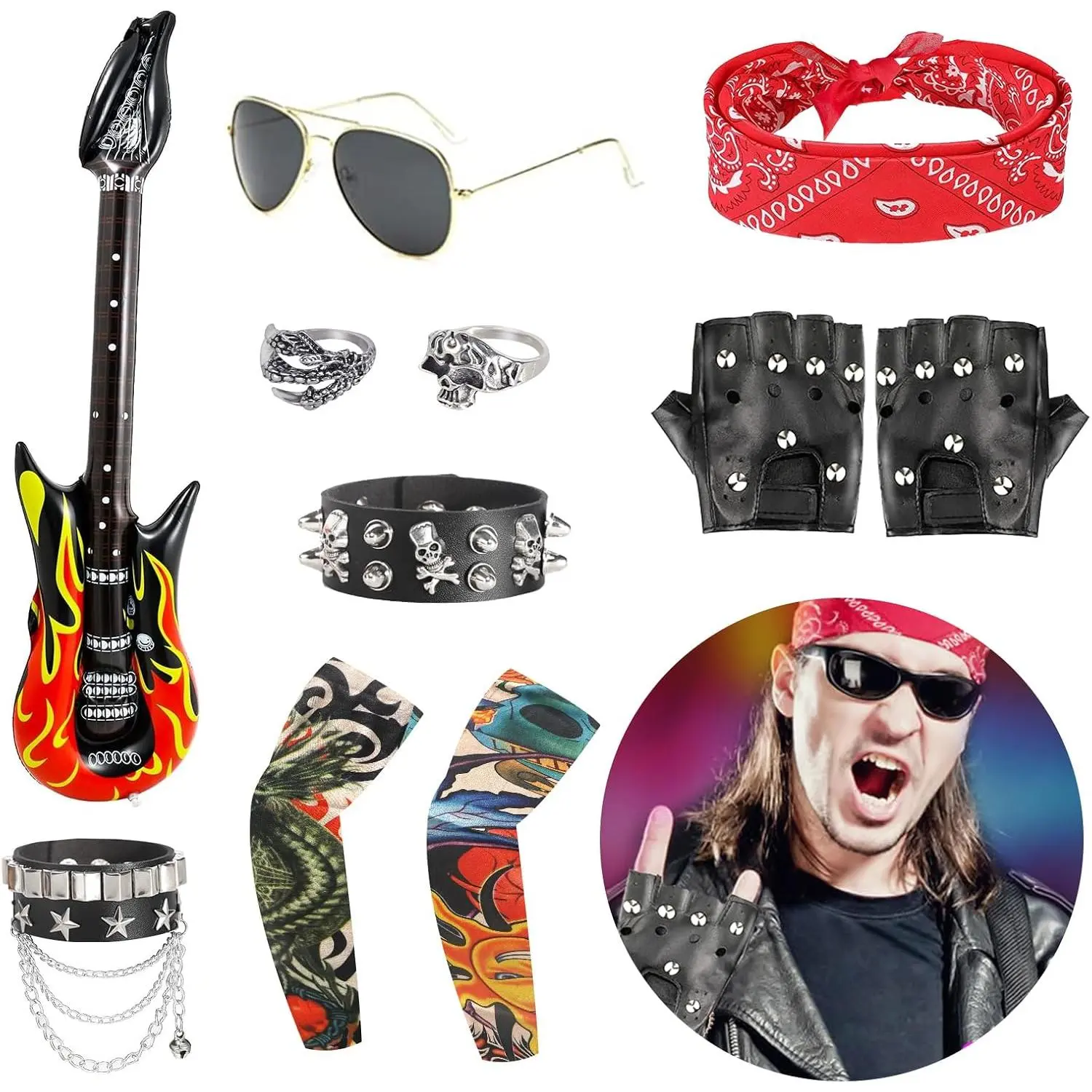 11 count Rockstar Costume for  Rock 80s Costumes for Men Rocker Costume Men Punk Costume Rockstar Accessories Punk Accessories Rock Star Costumes for Woman Rock and Roll Costume 80s