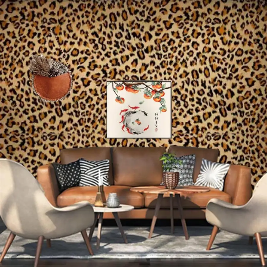 Leopard Print Decorative Wallpaper Roll, Self-Adhesive Easy to Install Removable Durable Vinyl Wall Covering, Waterproof for Living Room Kitchen Bedroom Dormitory, Peel and Stick Wallpaper Designs
