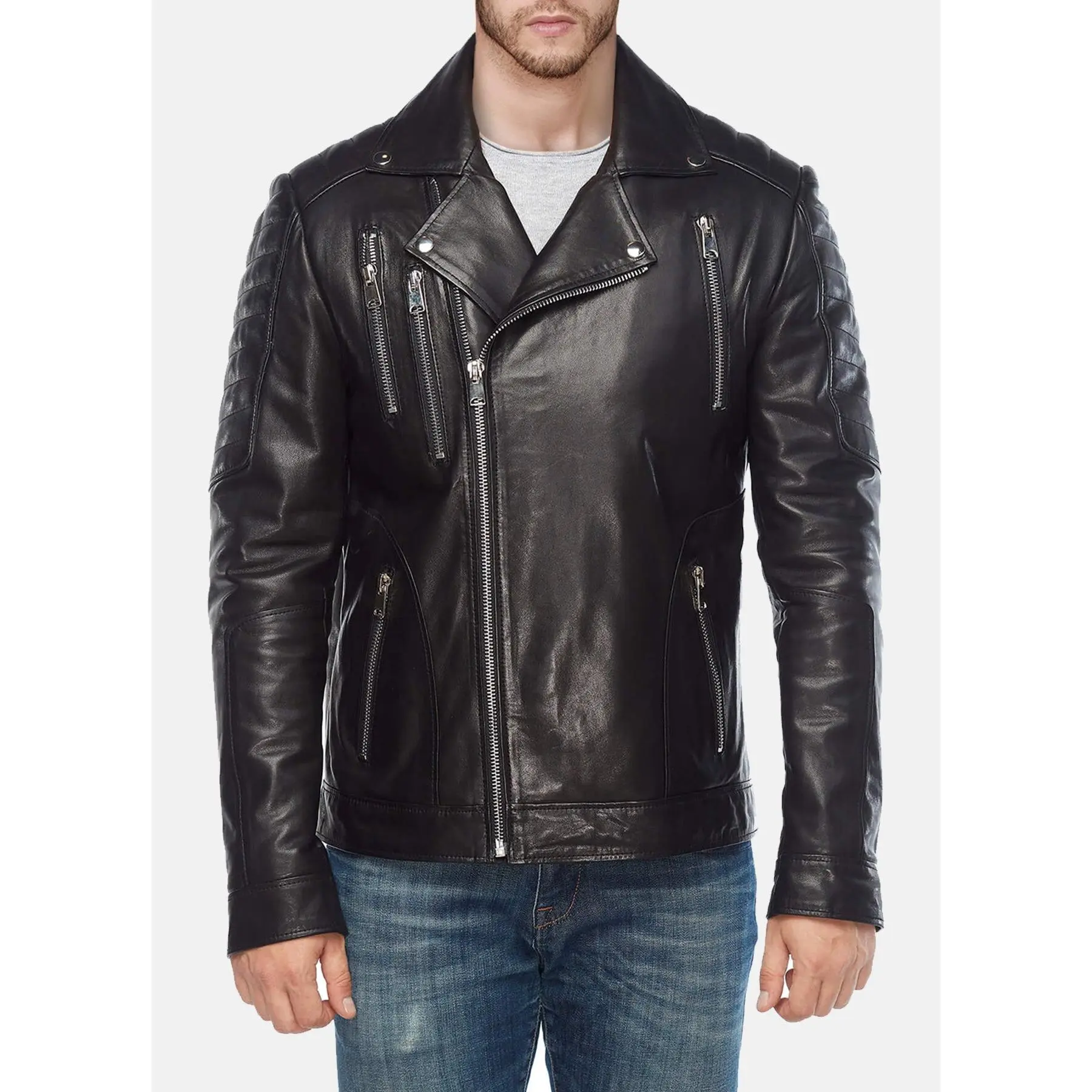 Mens Classic Black Biker Leather Jacket