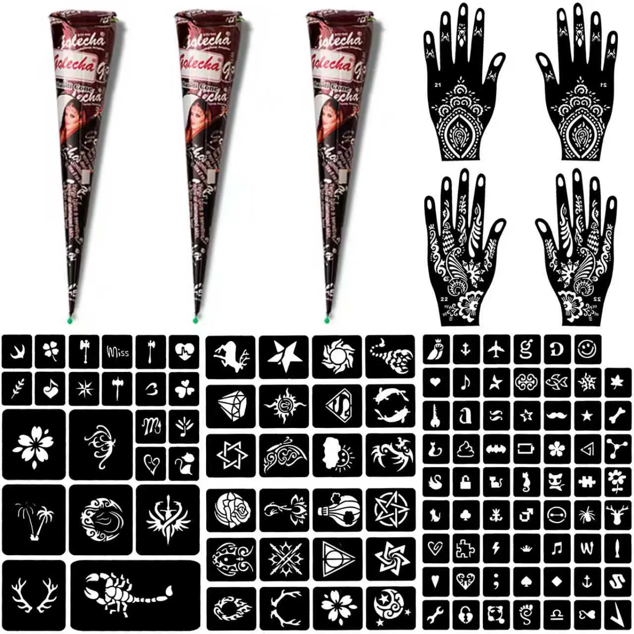 Joxpring Temporary Tattoo Kits 3 Henna tattoo cones 101 Stencils Semi Permanent Tattoo Markers Jagua Gel for Women Men Kids DIY Art Painting Party Gifts