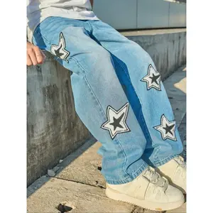 Men's Star Print Straight Leg Jeans, Casual Pants for Daily Wear, Fashion Men's Oversize Bottoms for All Seasons, Baggy Jeans for Men, Pants for Men, Streetwear, Jeans for Men, Cotton, Oversized Menswear, Western Relax Jeans, Denim Embroidery Jeans