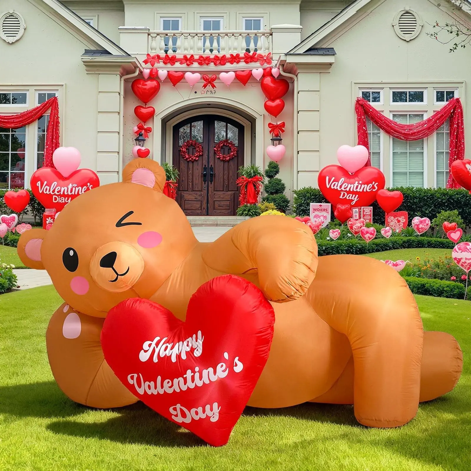 8 Foot Valentine's Day Inflatable Bear, Bear Ornament, LED Light Romantic Outdoor Decoration, Party Decoration, Heart Yard Decor, Wedding Garden Lawn Indoor