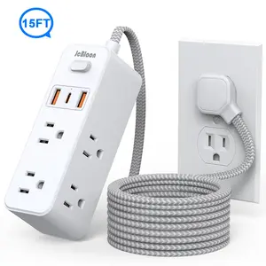 15ft Power Strip Surge Protector, Ultra Thin Flat Plug Extension Cord, Extension Cable , 6 Widely AC Outlets 3 USB(1 USB C), 3 Sided Outlet Extender for Home Office Travel Dorm Room Essentials, White