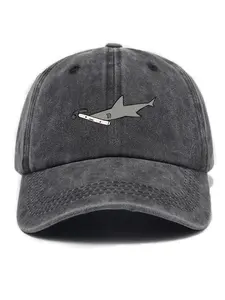 Vintage Washed Cartoon Shark Print Soft Top Outdoor Sunshade Baseball Cap, Unisex Casual Fitted Hat for All Seasons