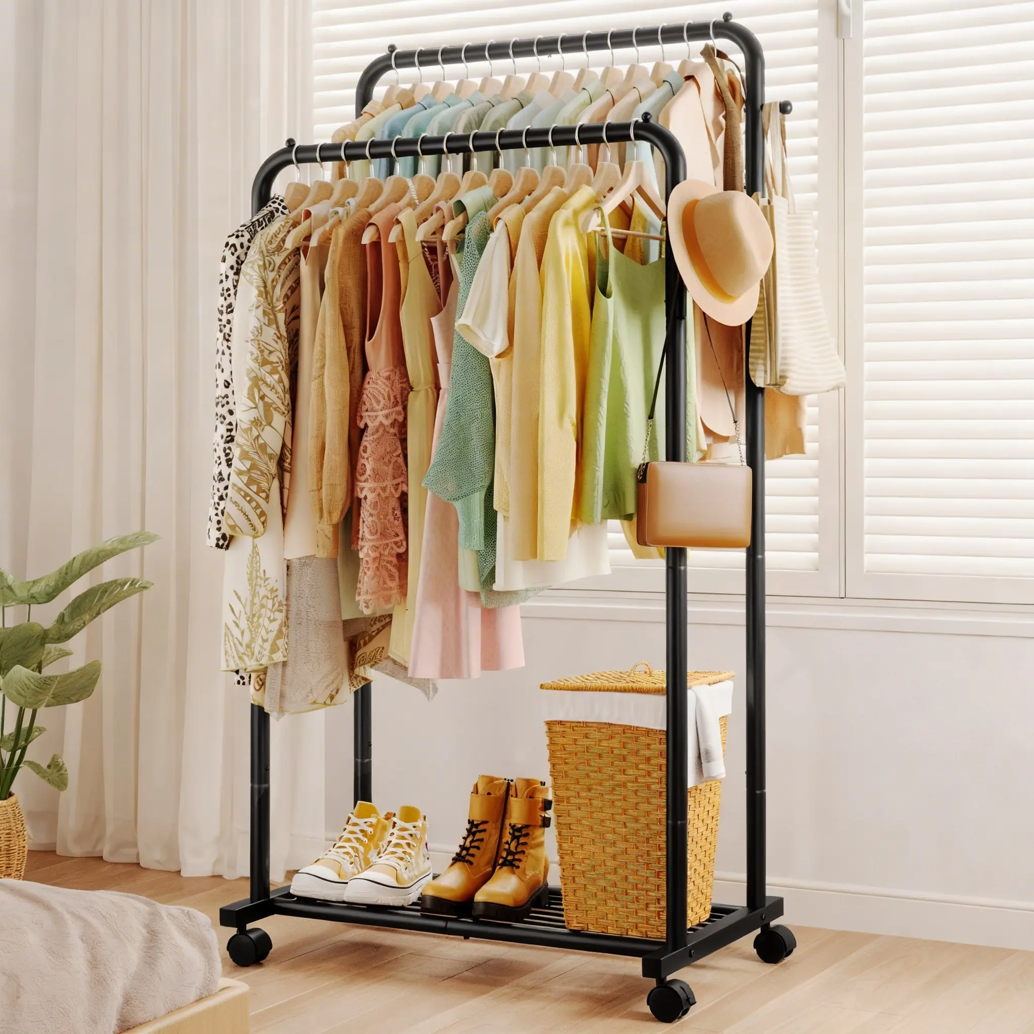 Dealsforyou Heavy Duty Double Rod Clothes Rack with Wheels, Midyearsale Metal Rolling Garment Rack with Bottom Mesh Shelf, Summersale Black Clothes Stand Easy Assembly