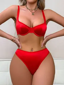 Seduluxe 2pcs/Set Women's Plain Color Underwire Comfortable Bra Set Bridallingerie