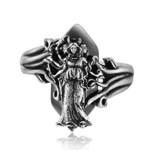ixluck Hecate Black Onyx Ring,Wicca Amulet Jewelry for Women Talisman Spiritual Symbolism Inspirational Trauma Ring Statement Rings