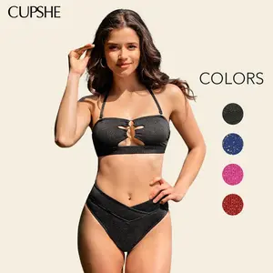 CUPSHE TikTokShopSpringGlowUp Sparking Lurex O-Ring Bandeau & Cheeky Bikini Set Casual Beachwear V Front High Rise Waist Swimwear Swimsuit Summer Pool Party Bathing Suits