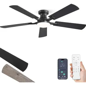 52 Inch Ceiling Fan with Light, App&Remote Control, Flush Mount Low Profile, Dimmable 20W LED Light, Quiet Reversible  for Bedroom, Living Room, Apartment, Black