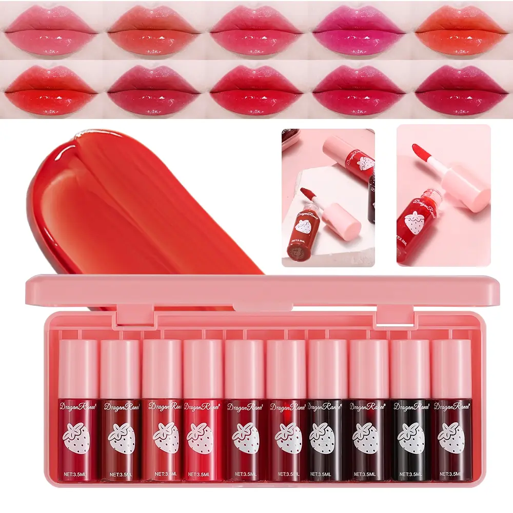 Strawberry Dyed Velvet Lipstick Set Liquid Lip Gloss, Long Lasting Lipgloss, Moisturizing Lip Stain, Suitable for All Occasions Lip Makeup, Girls and Women Makeup Accessories, Cosmetics Products