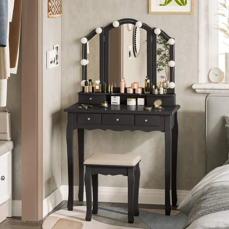 [SummerSale] Sikaic Vanity Desk with Tri-Fold Mirror and Lights, Makeup Vanity with Wood Upholstered Stool, Makeup Desk with 5 Drawers & 8 Jewelry Hooks, Small Vanity, Home Furniture, Dorm Essentials