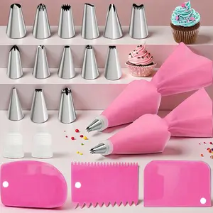 21 Pcs Piping Bags and Tips Set with 14 Stainless Steel Piping Tips, 2 Reusable Pastry Bag 2 Couplers and 3 Cake Scrapers, Cake Decorating Tips Set for Cupcakes Cookies Making, Cake Decorating Kit, Pastry Decorating Tools, Pink