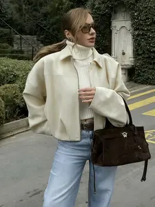 Women's Vintage Loose Fit Bomber Jacket, Elegant Casual Outerwear, Soft Fashionable Long Sleeve Top for Daily Wear