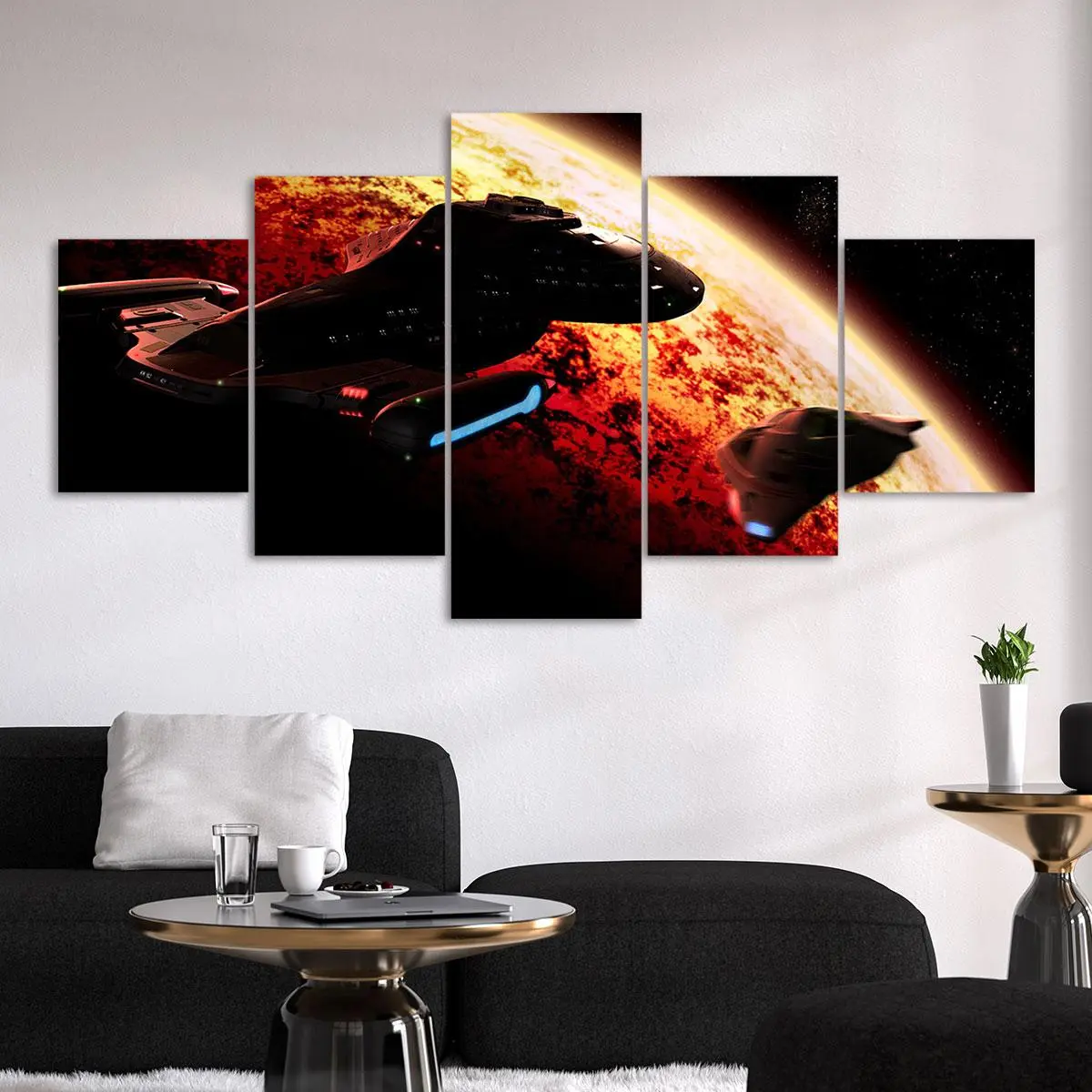 Starship Silhouette Against Red Planet Pattern Canvas Unframed Painting, 5 Counts/set Modern Art Poster, Wall Art Decor for Home Living Room Bedroom Office, Ornaments