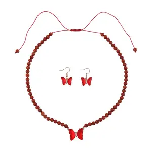 Red Glass, Cubic Zirconia and Red Jasper 105.15 ctw Beaded Butterfly Necklace 17-22 Inches and Earrings in Goldtone