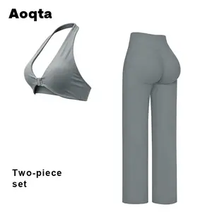 Aoqta Two-Piece Sporty Tracksuit Set - Sage Green Halter Bra & High Waist Flare Leggings, Soft Elastic Fitness Outfits for Yoga, Workout, Indoor & Outdoor Activities，Women's Deep V-Neck Sports Bra & High Waist Butt-Lifting Flare Leggings