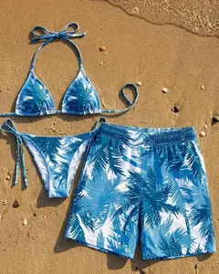 Matching Couple Swimsuits Tropical Blue, Honeymoon Beach Outfits, Romantic Anniversary Gift for Couples, Hawaii Style Bikini and Shorts Set