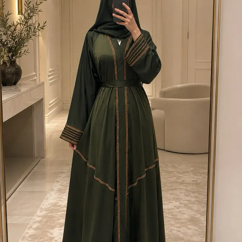 Women's Islamic Modest Fashion #27 Dubai Luxury 1-Piece Abaya Dress Set - Long Sleeve, Bell Sleeve, Regular Fit, Matching Hijab, Belt Definition