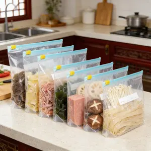 45PCS Reusable Food Storage Bags Set, Leakproof Zipper Lock Bags with Labels, Freezer Safe & Microwave Safe, Stand Up Design, Kitchen Organizer for Meal Prep Travel