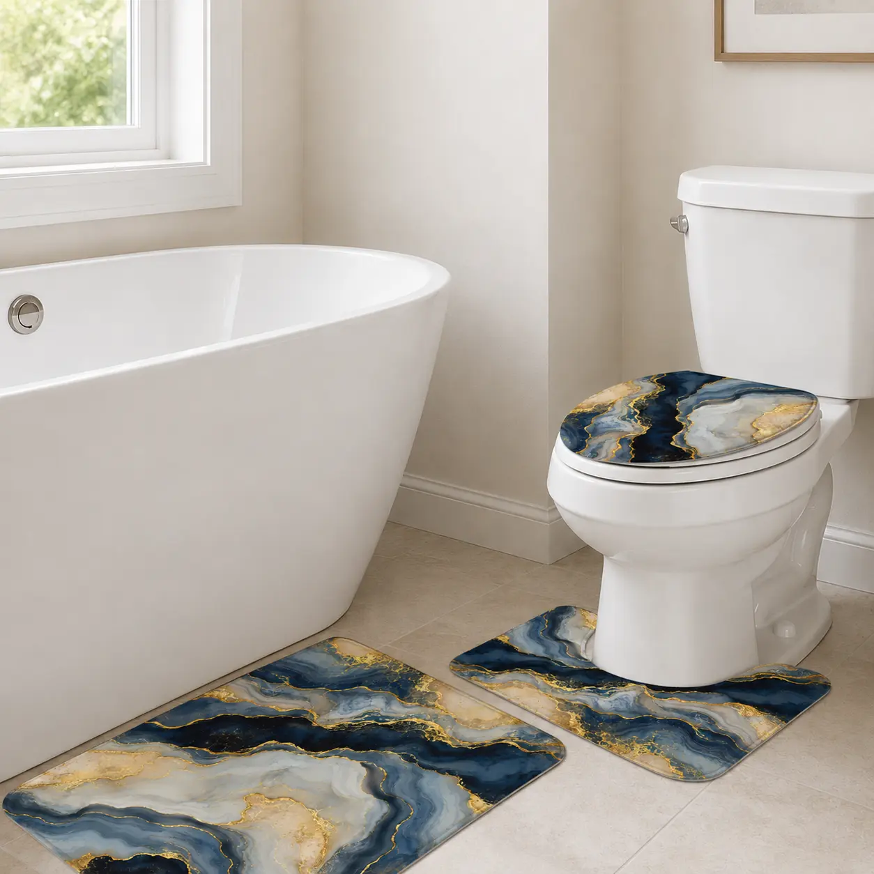 Blue and Gold Marble Bathroom Rug Set, 3-Piece Flannel Bath Mat Set with Non-Slip Rectangular Rug, U-Shaped Contour Mat and Toilet Lid Cover, Absorbent Modern Bathroom Decor,  Bathroom Supplies,  bathroom accessories