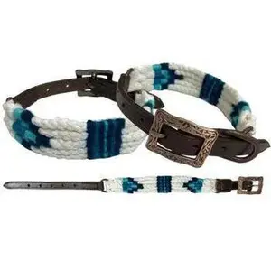 Corded Leather Dog Collar - Blue/White