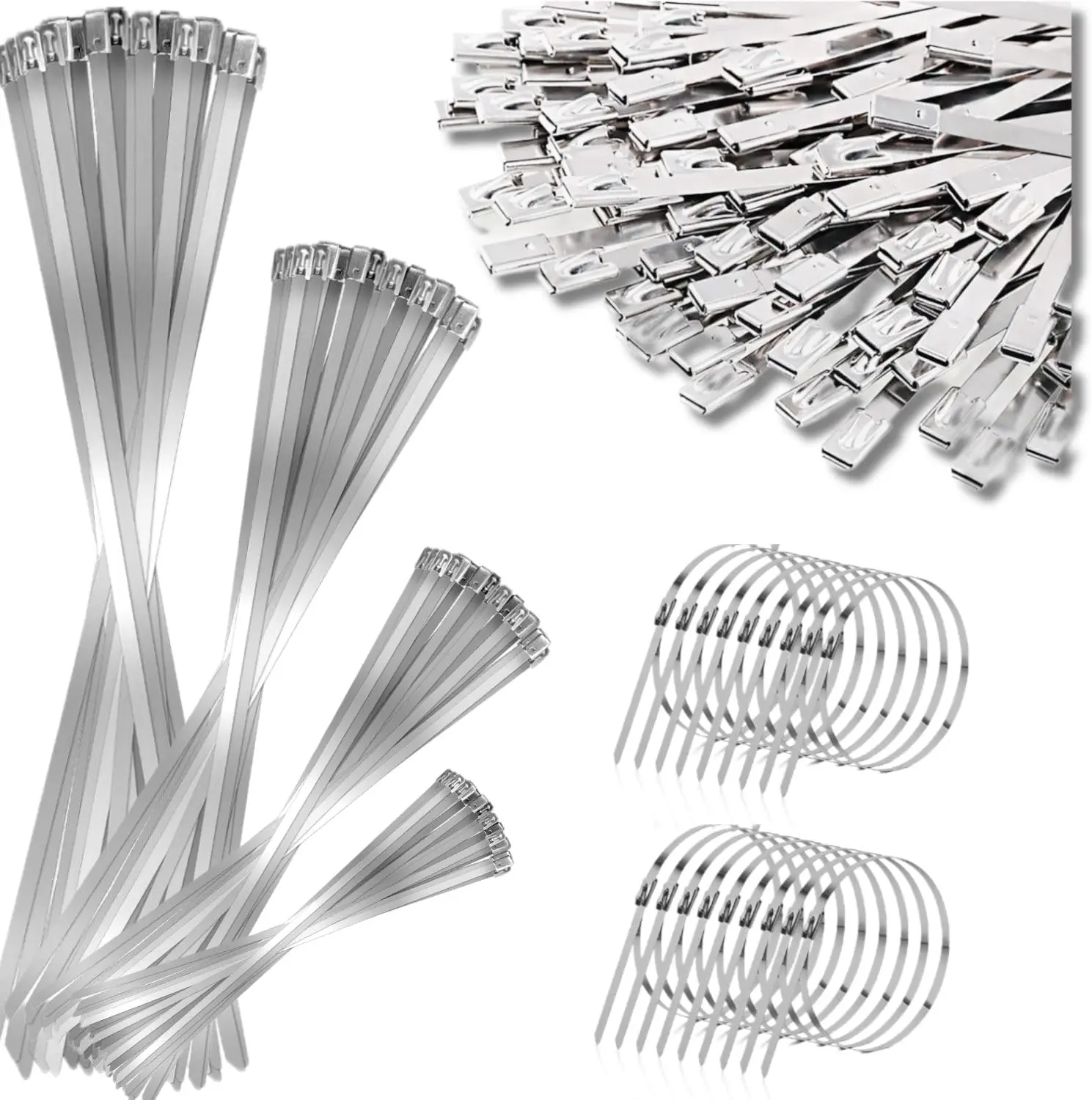 304 Stainless Stee Metal Zip Ties, 4 Size Of 11.8 Inch 9.8 7.8 6Inch Multi-purpose Metal Cable Ties-Suitable for Outdoor Chain Link Fence and Exhaust Wrap