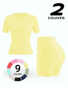 Women's Yoga Set Two-Piece, Plain Short Sleeve Round Neck Sports T-Shirt and High Waist Tight Shorts, Casual All-Seasons