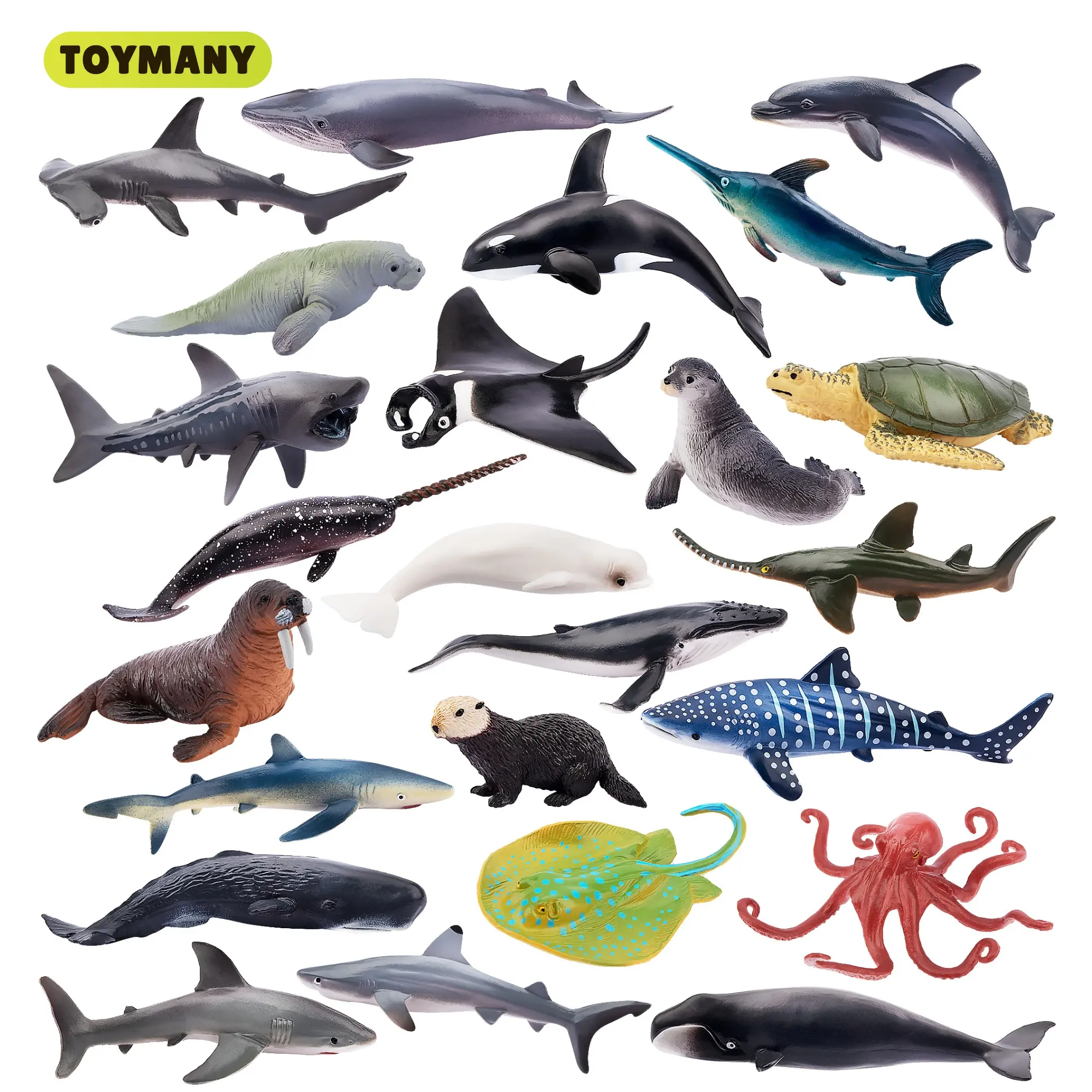 TOYMANY 24pcs PVC Plastic Mini Ocean Life Animal Figures - Boxed Cake Decorating Kit with Sharks, Whales, Octopuses, Cute Figurines, Figurine Dolls, Collectibles for 3+ Kids' Birthday Party Gifts