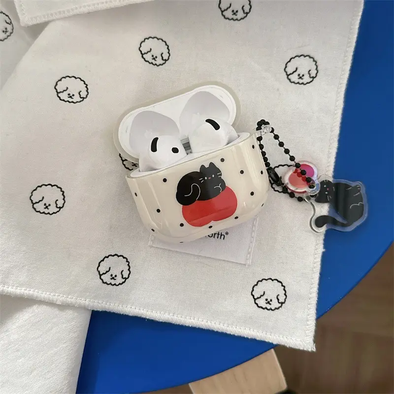 IMD black polka dot red apple black cat headphone protective cover with kitten pendant for AirPods 1 2 3 4 Pro Pro2 Kitty