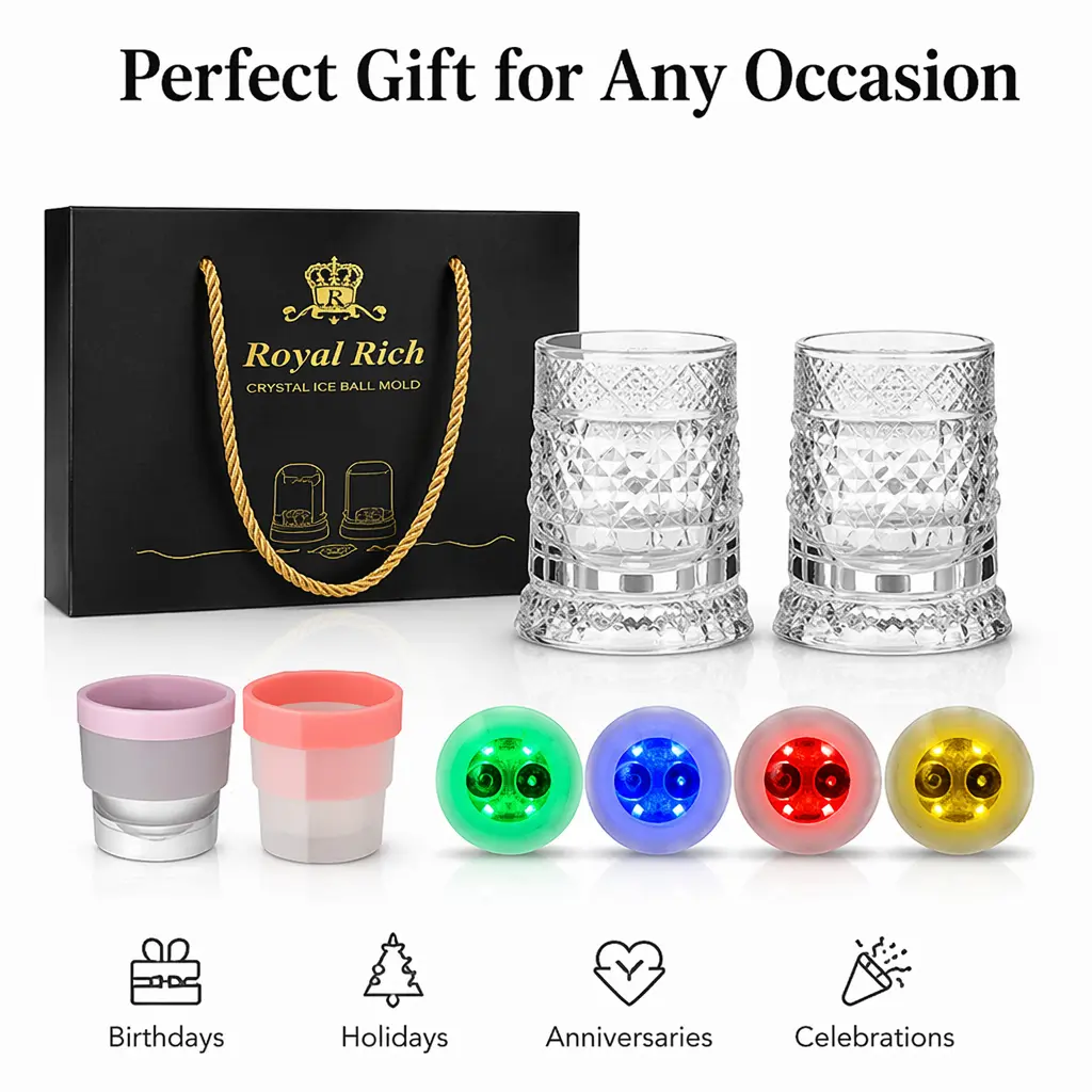 Luxury Rotating Crystal Whiskey Glass Set – 2 Rotating Glasses & 2 Ice Ball Molds, 4 Light-Up Coasters in a Beautiful Gift Box, Diamond, Ice Crack & Snowflake Cut Bar Gift Set, summerwins