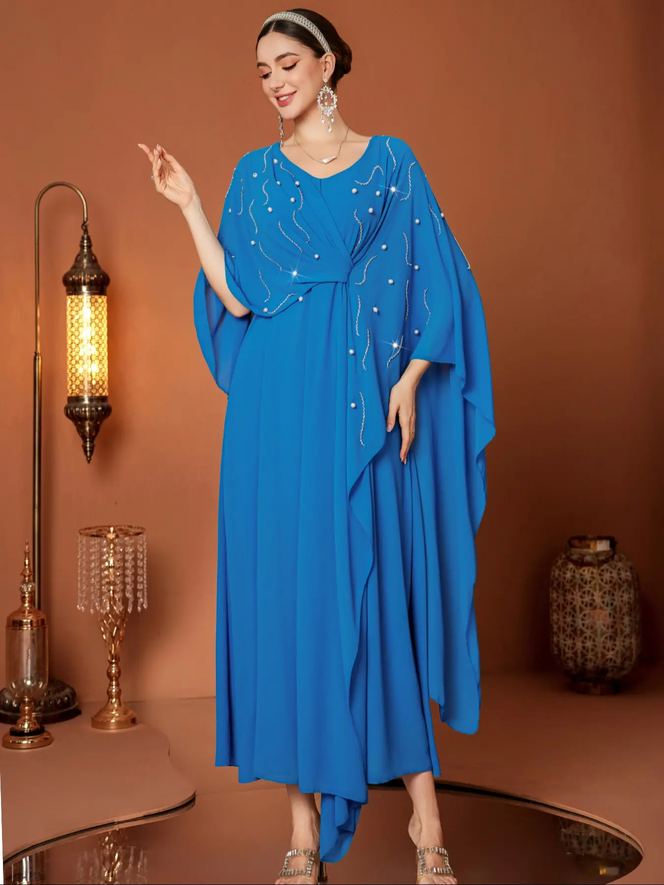 Women's Pure Blue Casual Loose Chiffon Dress, Round Neck Abayas, Modesty Abaya, Pearl Embellished Design, Comfortable Fit, Perfect for Daily Wear