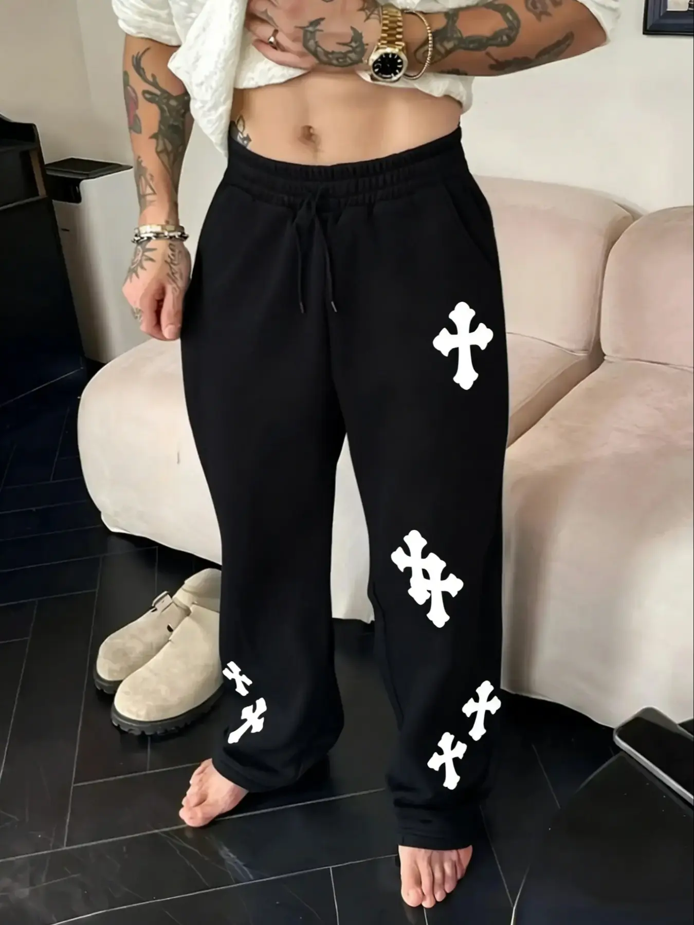 Men's Wide-Leg Pants with Side Cross Decoration, Oversized Fit, Loose, Casual Streetwear Style, Perfect for Spring & Fall