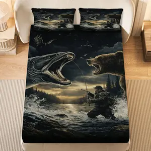 3Pcs Adventure Wildlife Fishing Fitted sheet Three Piece Set (1*Fitted Sheet+2*Pillowcases, Coreless), Nature theme, Outdoors Bedding Set, Mattress protector Soft, Breathable