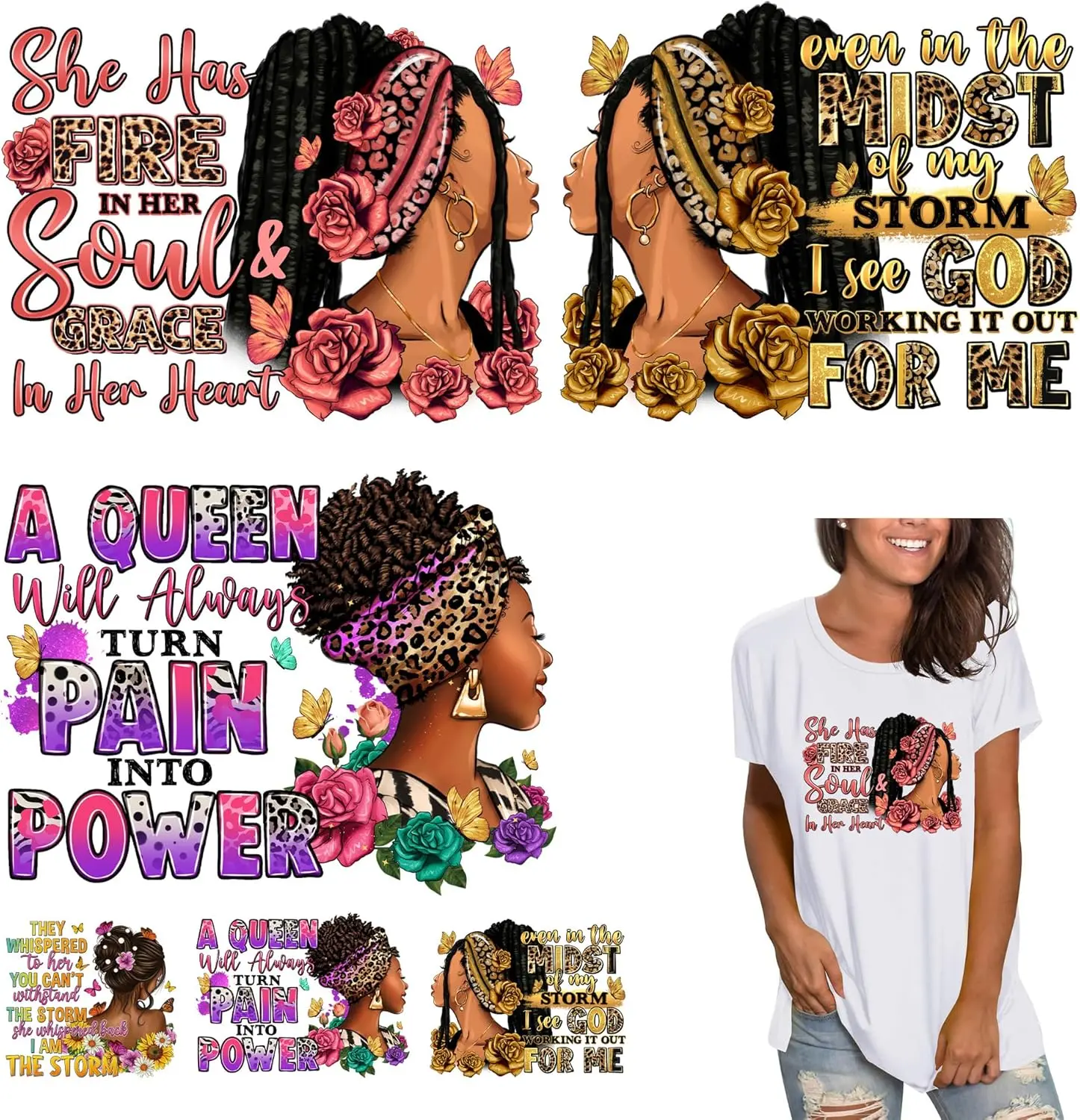 6pcs Black Women's Afro Iron-On Decals, Bright Color Heat-Transfer Patches for Clothing, T-Shirts, Hoodies, Backpacks, Pillows, Scarves, Curtains, Jean Jackets - Ready-to-Press Vinyl Stickers for DIY Crafts, Birthday Party Decor/Repair, Hoodie, Backpack,