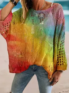 Plus Size Women's Asymmetrical Neck Batwing Sleeve Knit Top, Hollow Out & Gradient Print, Casual Summer Vacation Wear