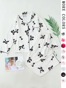 Valentine pyjamas Two-Piece Set Women's All Over Bow Print Lapel Neck Pocket Shirt & Pants Pyjama, Casual Comfy Long Sleeve Top & Trousers PJ Set, Women's Sleepwear for Spring & Fall Pajamas