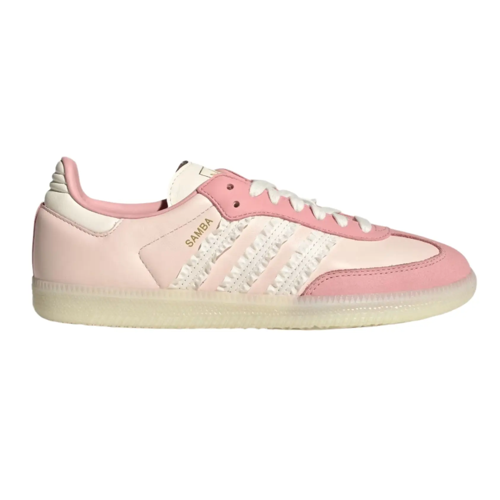 Adidas Samba Ruffle Stripes Pack Wonder Mauve Pink Women's Sneakers JR8830 Authentic Leather Upper Closed Fashion Ribbon Lace Athletic Shoes Metallic Gold, Casual, Trainer, Footwear, Streetwear-Inspired Casual Trainers, Sports Shoes, Walking Shoes