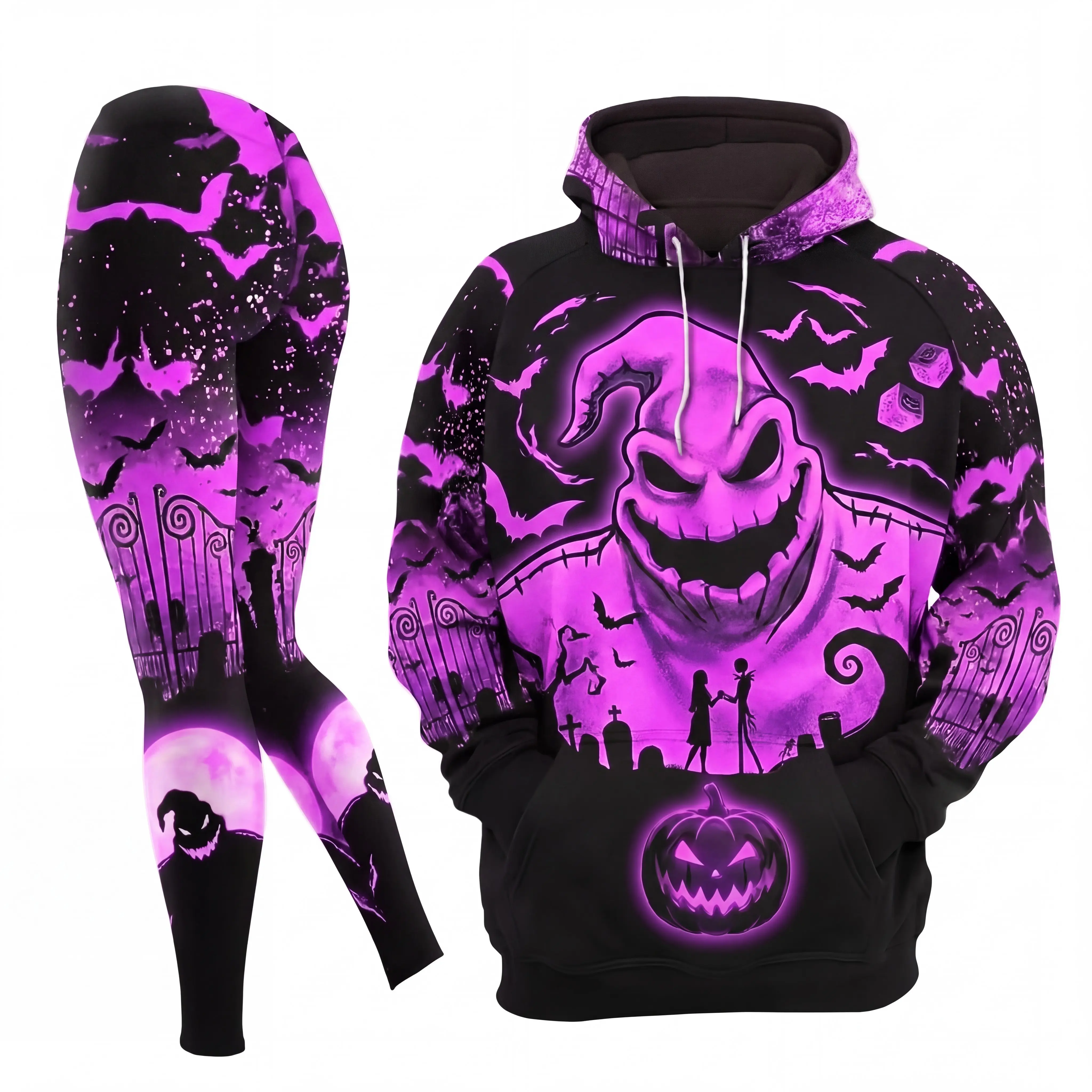 Gothic Boogeyman Purple Hoodie And Leggings Set, Spooky Villain Graveyard Halloween Tracksuit, Aesthetic Autumn Graphic Outfit