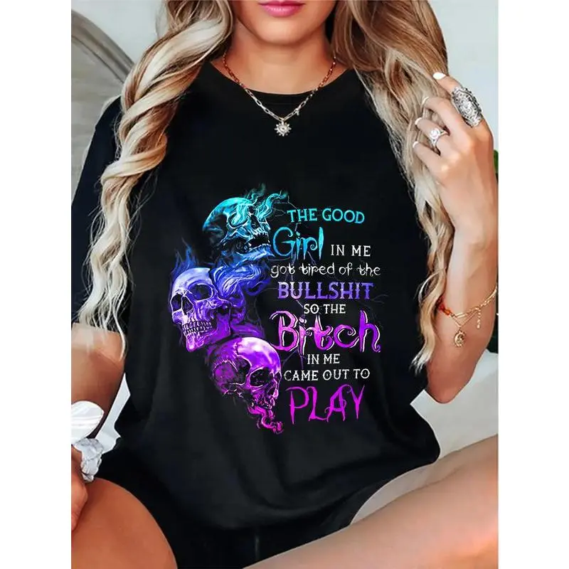 100% Cotton The Good Girl In Me Got Tired Of The Bullshit SKull Rose T-Shirt- Soft Breathable Casual Tee - Basic Round Neck Short Sleeve Top