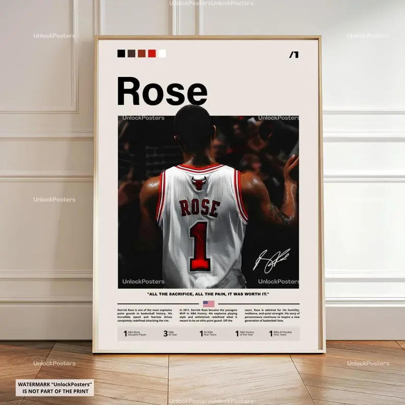 Derrick Rose Poster, NBA MVP Winner, Framed Chicago Bulls Basketball Print, Basketball Wall Art, Bulls Decor, Derrick Rose Artwork, NBA Gift