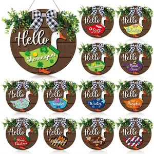 Multi-Piece Replaceable Round Wooden Goose Decorations, Holiday Season Welcome, Reversible Hello Geese Sign, Rustic Farmhouse Front Door, Outdoor Hanging Decoration