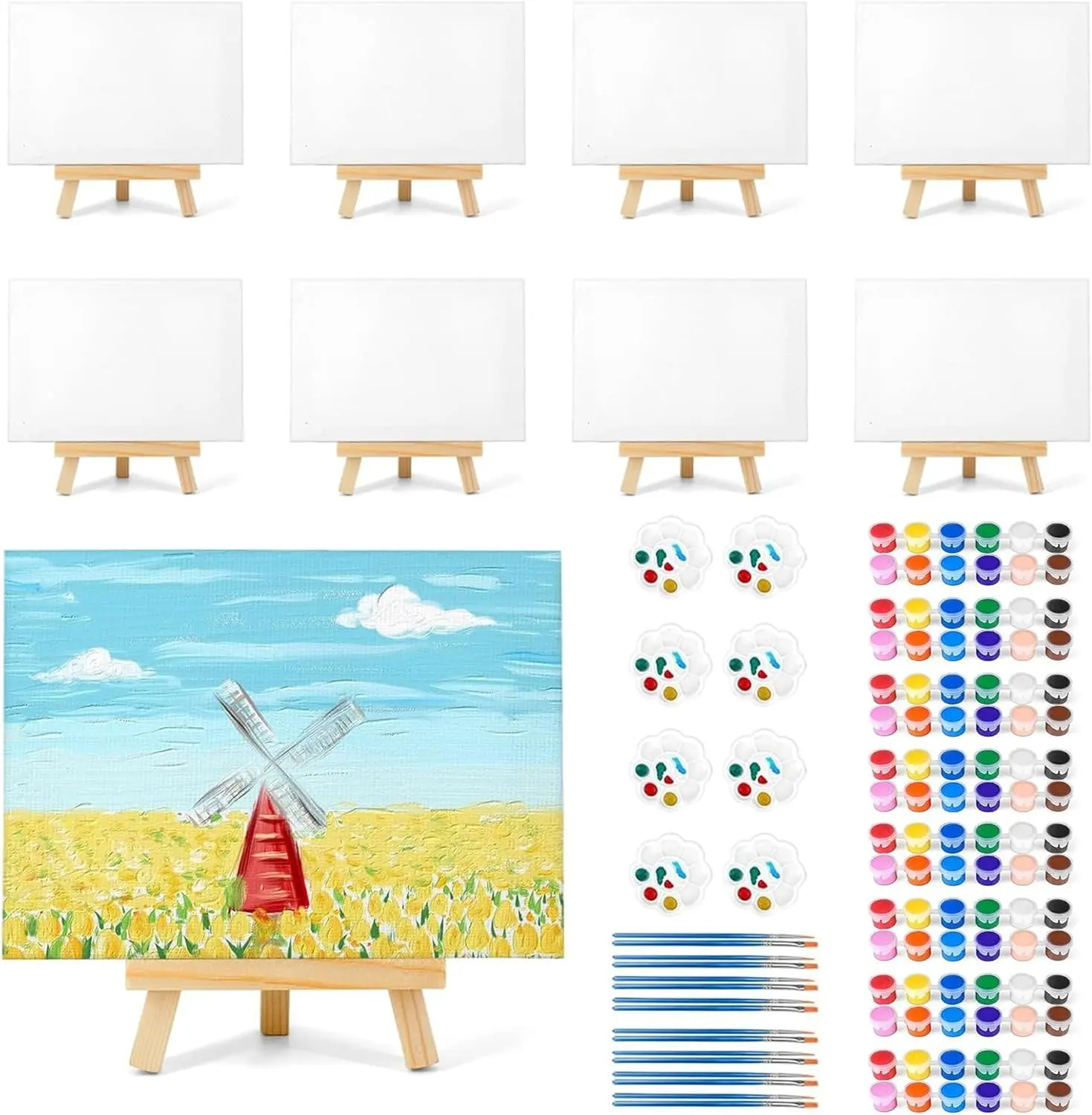 8 Pack 8x10in Canvas Painting Kit, Canvases Board & Easel & Acrylic Paint Set for Adults, Drawing Boards with Palette & Brushes for Party
