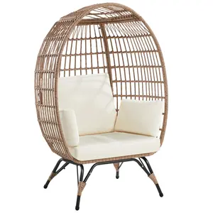 Yaheetech Egg Rattan Chair, Indoor/Outdoor PE Rattan Egg Basket Lounge Chair with 4 Cushions, Oversized Egg-Shaped Chair with Metal Frame Stand for Patio, Garden, Backyard, Living Room