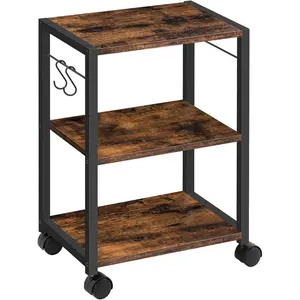 3-Tier Under Desk Rolling Printer Stand with Storage Shelf, Heavy Duty Printer Table with Wheels for Home Office, Printer Shelf with 2 Hooks for Small Spaces, Rustic Brown PTHR4001Z