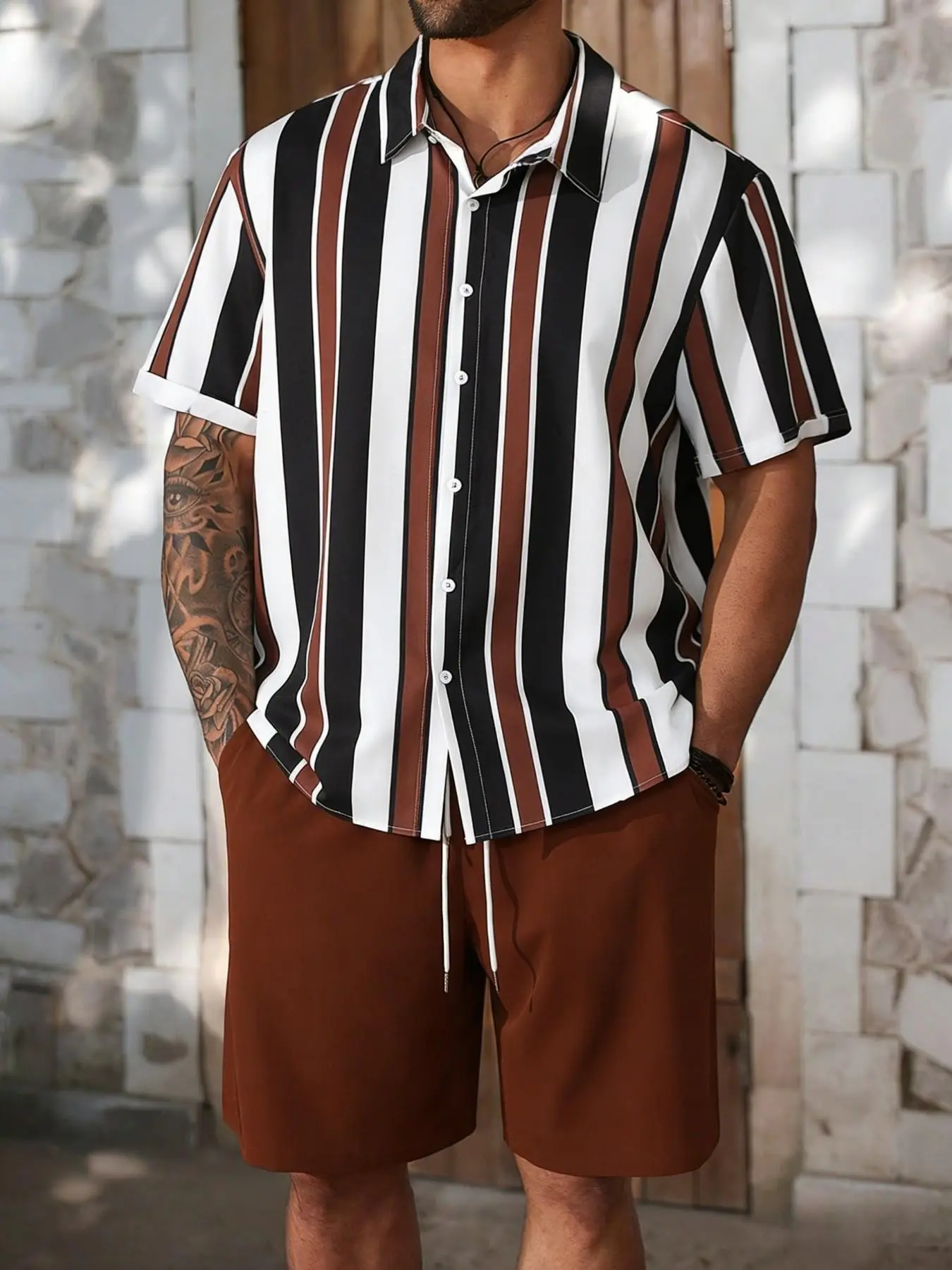 Plus Size Big & Tall Men's 2-Piece Summer Outfit, Striped Short Sleeve Button Down Shirt and Drawstring Shorts Set, Casual Beach Vacation Matching Outfits for Men