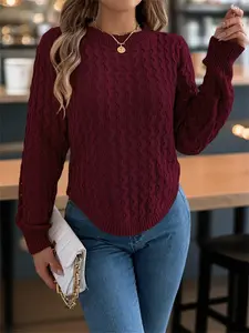 Women's Textured Curved Hem Cable Knit Sweater, Casual Long Sleeve Round Neck Jumper for Fall & Winter, Fashion Ladies' Knitwear for Daily Wear
