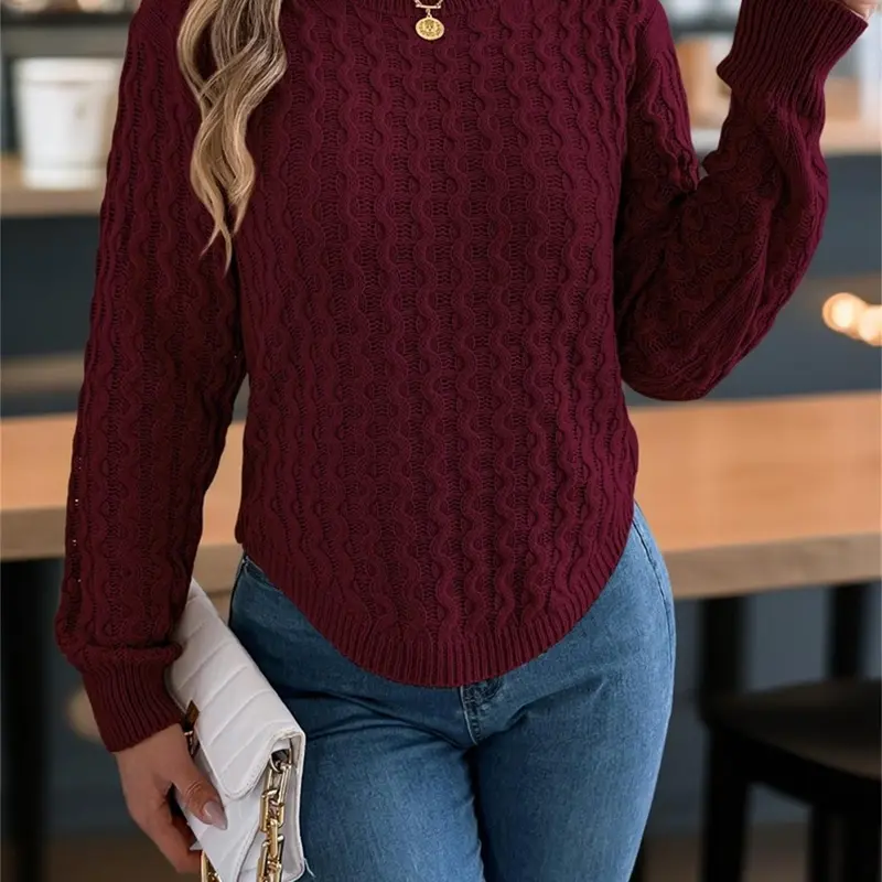 Women's Textured Curved Hem Cable Knit Sweater, Casual Long Sleeve Round Neck Jumper for Fall & Winter, Fashion Ladies' Knitwear for Daily Wear