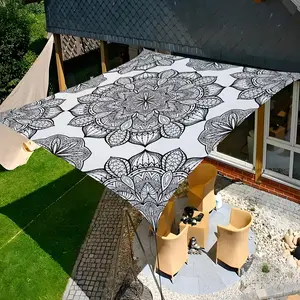 1Pc Outdoor Thickened Sunscreen Gradient Blue and White Stripe Bohemian Pattern Outdoor Garden Patio Canopy Tarp Beach Sunshade with Free Rope